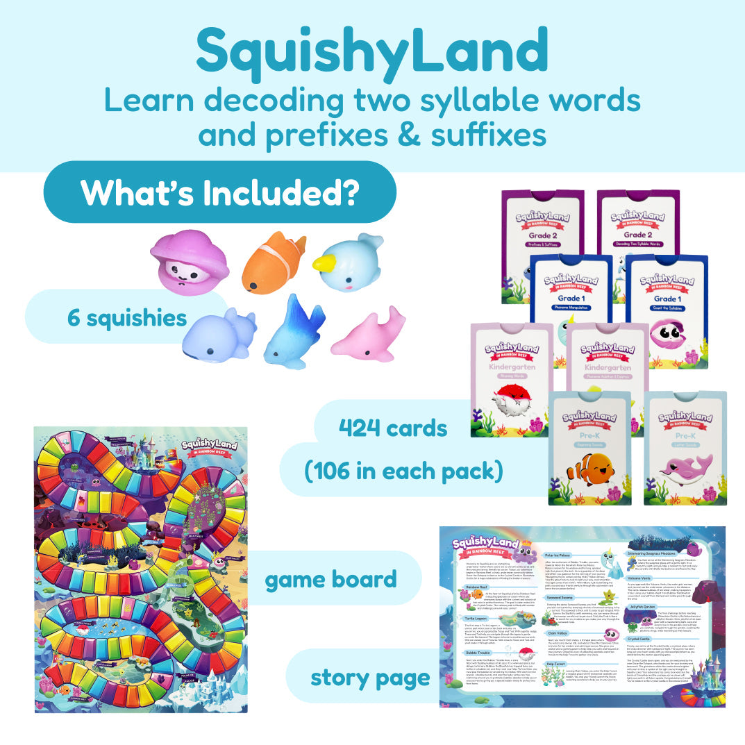 Grade 2 Complete Skills Bundle educational kit for multisyllabic decoding of two-syllable words, featuring six sea creature toys, 424 learning cards, a colorful winding game board, and a story page with illustrated sections.