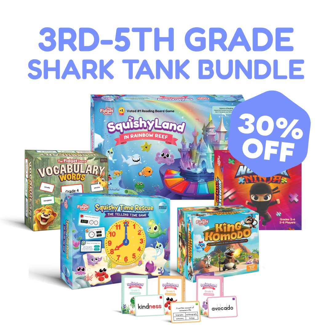 The Grades 3–5 Complete Skills Bundle features a bundle of four learning games, a deck of vocabulary cards, and a 30% off graphic for practicing upper elementary skills.