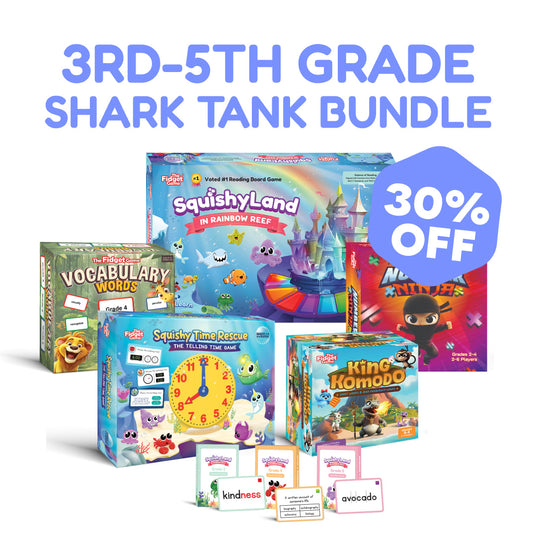 The Grades 3–5 Complete Skills Bundle features a bundle of four learning games, a deck of vocabulary cards, and a 30% off graphic for practicing upper elementary skills.