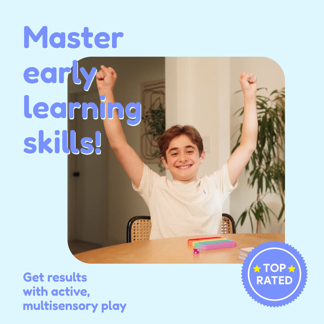 A boy celebrates at a table next to text about the Grades 3–5 Complete Skills Bundle for mastering upper elementary skills through active, multisensory play, featuring a Top Rated badge.
