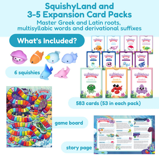 Grades 3–5 Complete Skills Bundle, including six sea-creature squishies, eleven decks of upper elementary skills learning cards, a colorful winding game board, and an instructional story page.