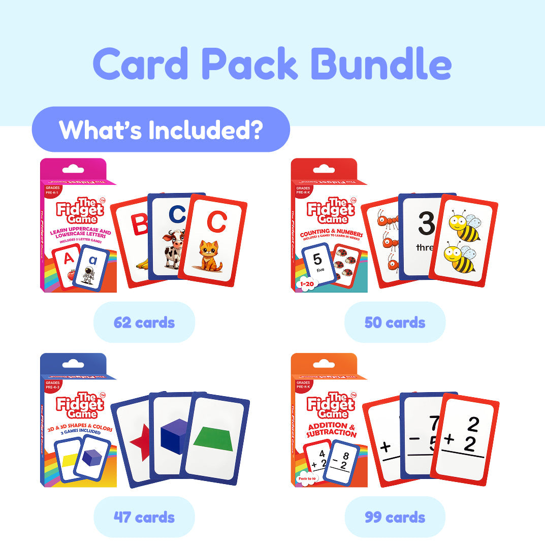 Kindergarten Complete Skills Bundle featuring four sets of phonics and kindergarten skills card games, each with a boxed deck and sample cards showing letters, numbers, shapes, and addition problems.