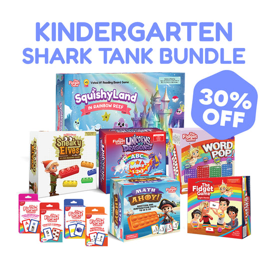 The Kindergarten Complete Skills Bundle includes a collection of phonics card decks and educational board games with math and reading themes, featured alongside a 30% off promotional graphic.