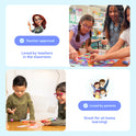 Three children play Kindergarten Complete Skills Bundle board games at a classroom table, while two children use phonics fidget toys at home, with icons indicating these products are teacher-approved and parent-recommended for learning.