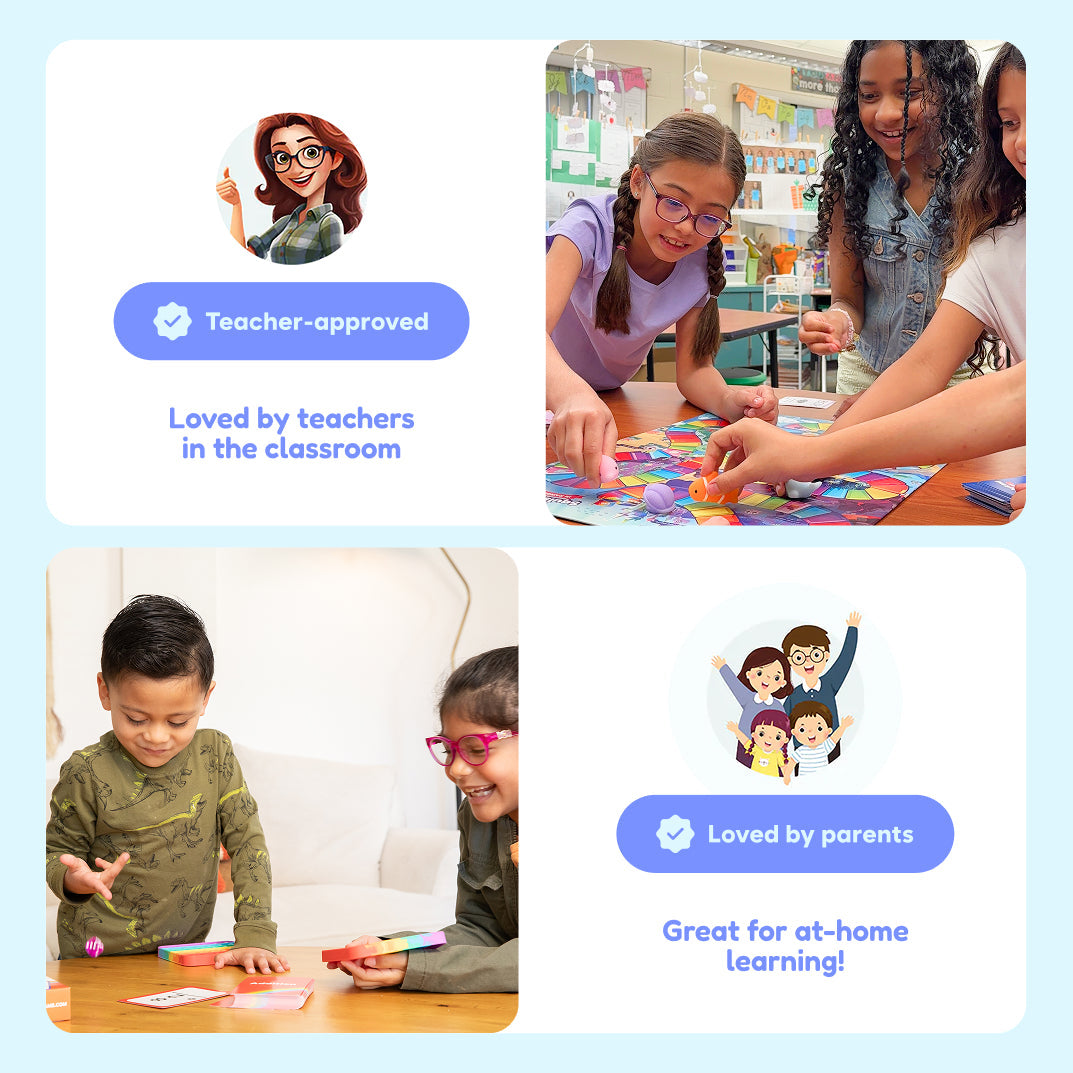 Three children play Kindergarten Complete Skills Bundle board games at a classroom table, while two children use phonics fidget toys at home, with icons indicating these products are teacher-approved and parent-recommended for learning.