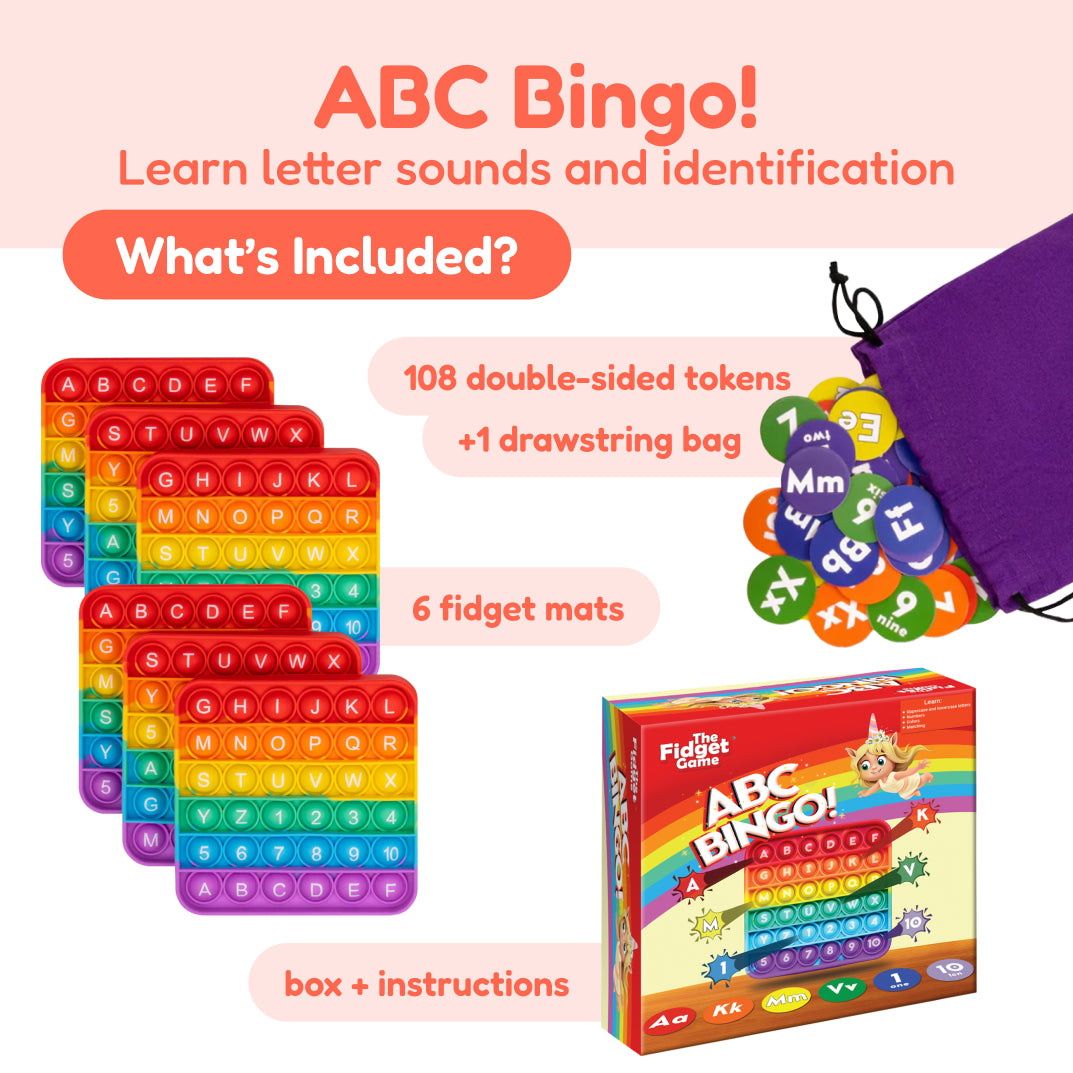 Pre-K Complete Skills Bundle ABC Bingo educational game set, including six alphabet and number fidget mats, a purple drawstring bag with 108 double-sided tokens, and the game box.