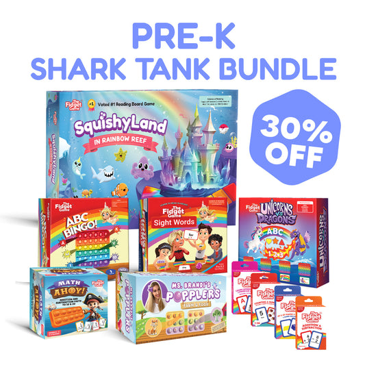 Pre-K Complete Skills Bundle featuring a collection of board and card games for preschoolers with themes like math, sight words, and animals, including a 30% off promotional badge.