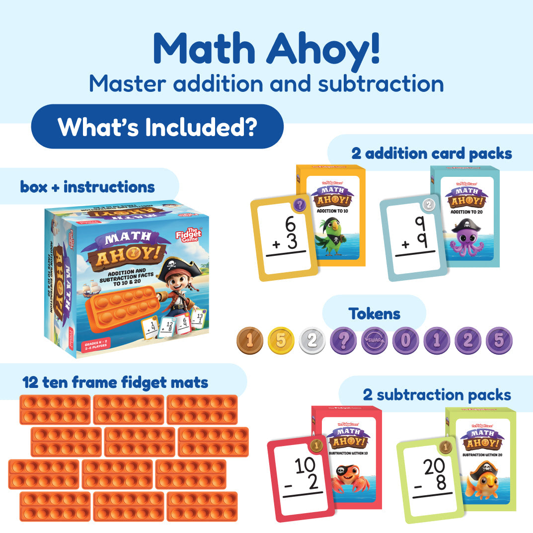 Pre-K Complete Skills Bundle featuring a box with instructions, twelve orange ten-frame fidget mats, colorful number tokens, and card packs for addition and subtraction practice to help build essential kindergarten readiness skills.