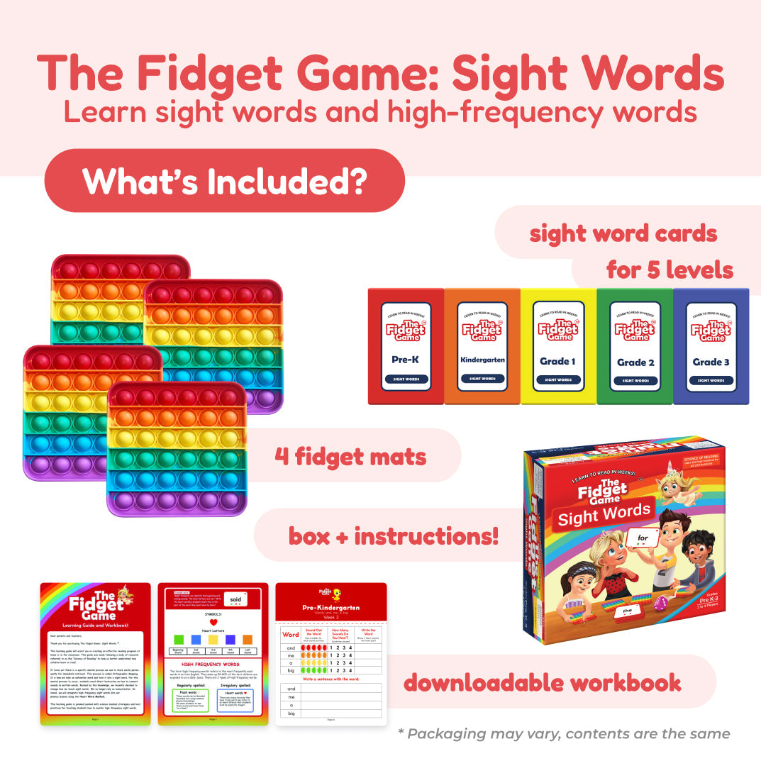 Pre-K Complete Skills Bundle educational game kit featuring four silicone fidget mats, five sets of sight word cards, a boxed game set, and printable activity pages to support essential Pre-K skills.