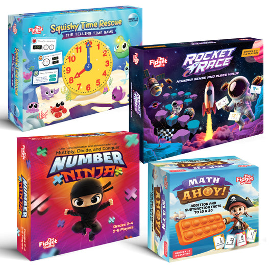 Ultimate Math Bundle featuring four game-based toolkit boxes: a clock-reading game, a rocket-themed number game, a ninja multiplication game, and a pirate-themed addition and subtraction game to build math confidence.