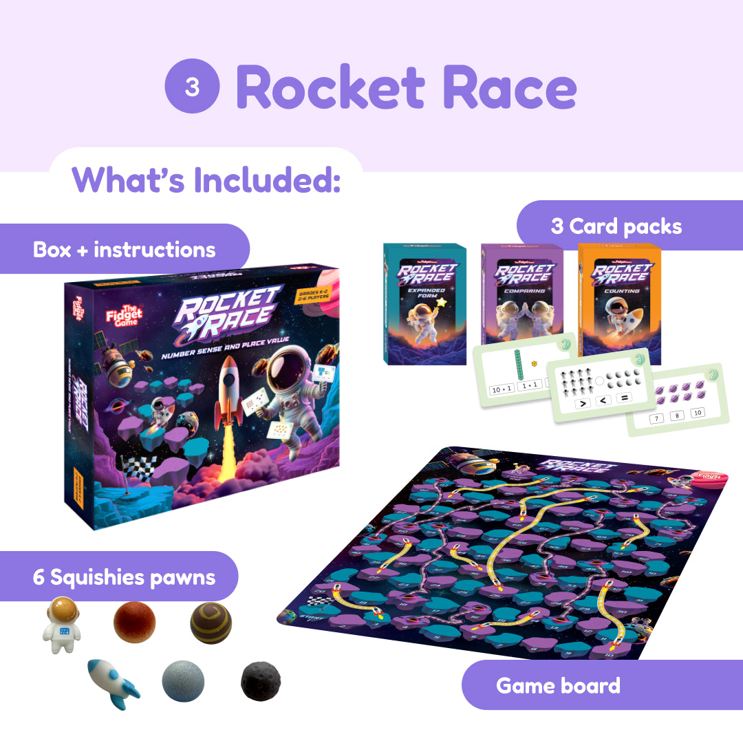 Ultimate Math Bundle contents including a game box, three card packs, six small figures, and a game board featuring a numbered space path as part of a game-based math toolkit.