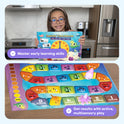 A young girl holds an Ultimate Math Bundle clock-themed toolkit, alongside a close-up of a colorful board game featuring gemstone-shaped spaces and small sea creature figures.