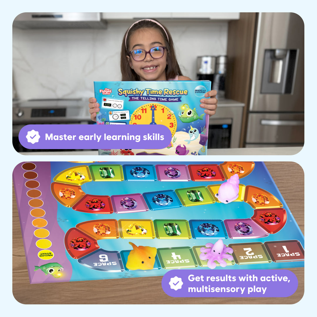 A young girl holds an Ultimate Math Bundle clock-themed toolkit, alongside a close-up of a colorful board game featuring gemstone-shaped spaces and small sea creature figures.