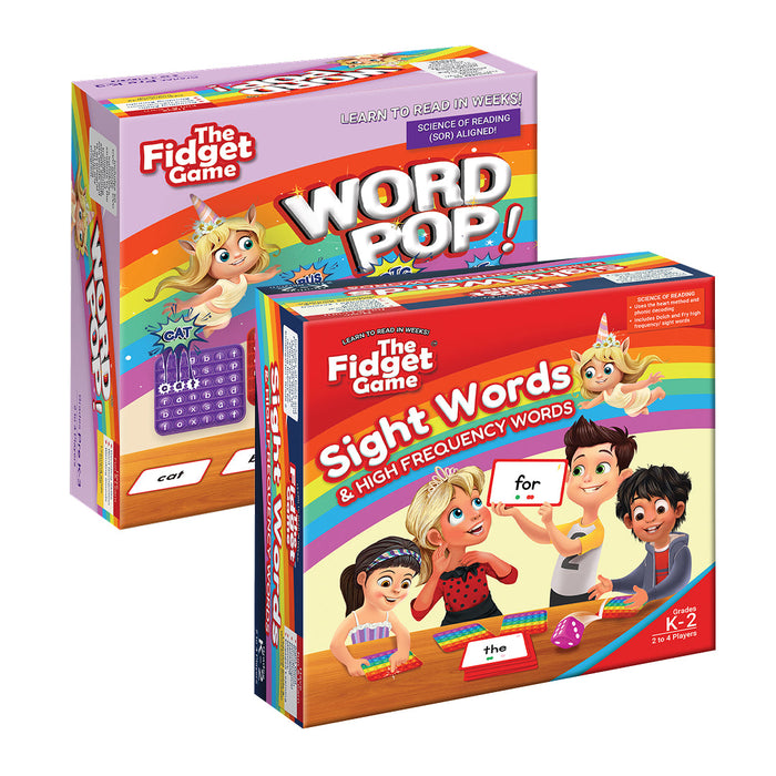 Two Ultimate Reading Bundle educational sight word game boxes featuring cartoon illustrations of children playing with handheld silicone bubble toys and reading word cards.