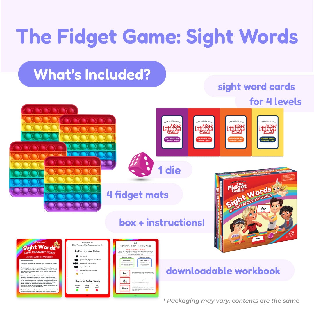 Ultimate Reading Bundle educational learning game set including four colorful bubble-popping sensory mats, one die, four decks of sight words for early readers, a game box with instructions, and a printable workbook.