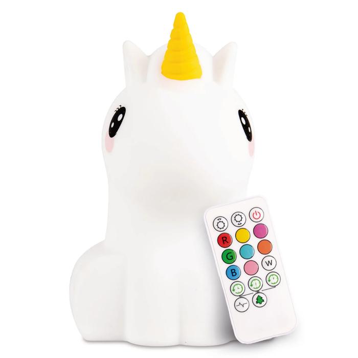 Unicorn Silicone Night Light shaped like a white unicorn with a yellow horn, accompanied by a small remote control with colored buttons.