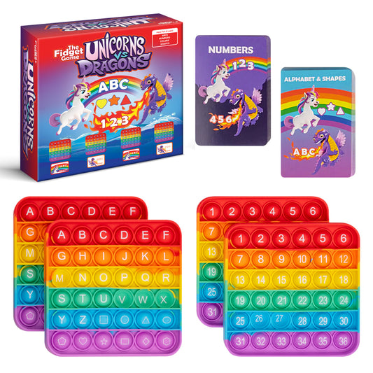 Unicorns vs. Dragons! Alphabet & Colors Game, featuring two rainbow-colored silicone fidget mats—one with alphabet and shapes, one with numbers one through thirty-six—paired with two matching card decks for letter matching.
