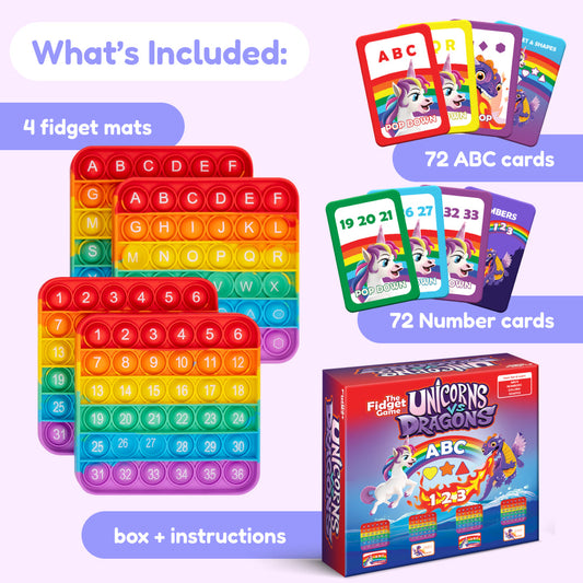 Unicorns vs. Dragons! Alphabet & Colors Game educational set featuring four rainbow-colored silicone fidget mats for letter matching, alphabet and number cards, and a storage box.