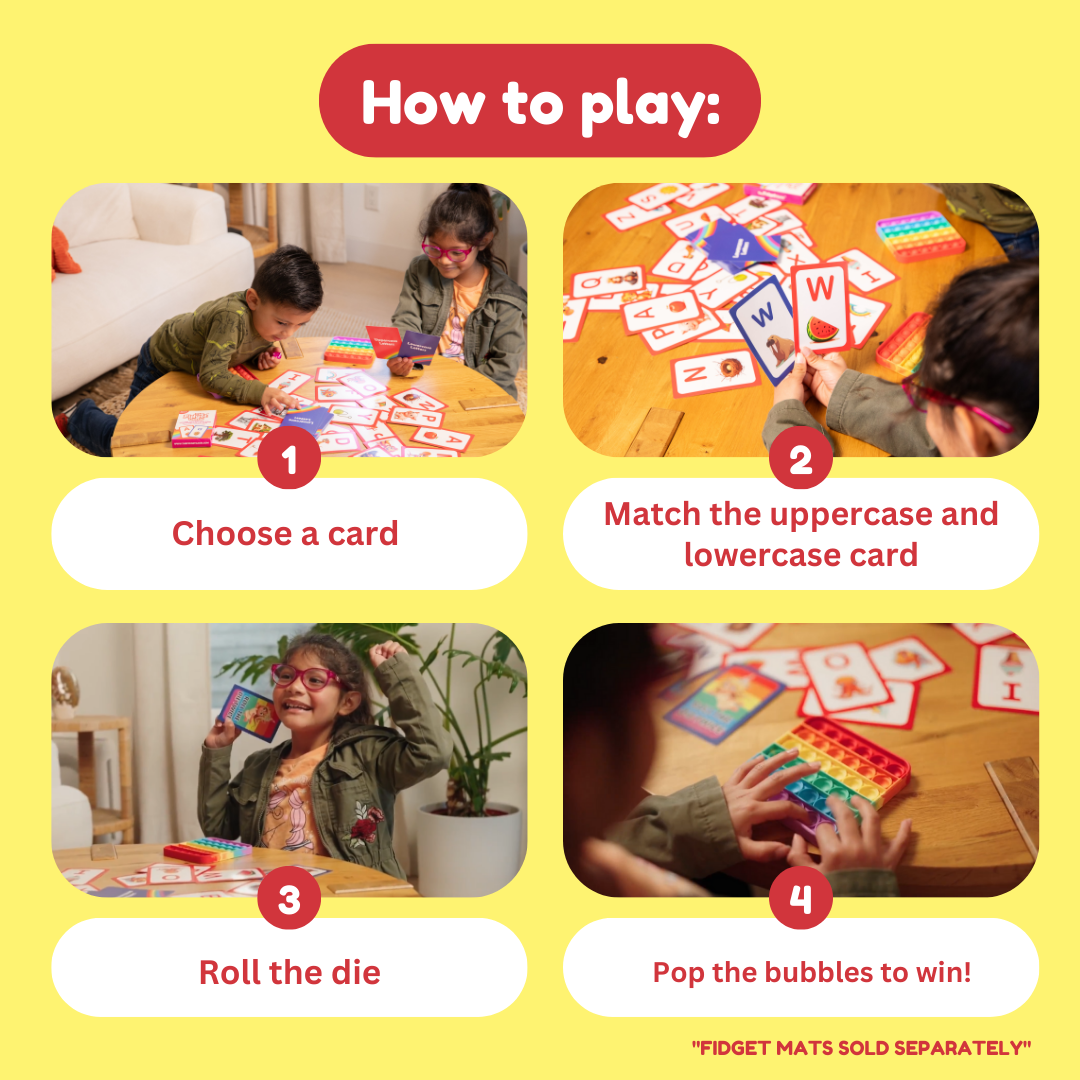 Four steps to play the ABC Uppercase & Lowercase Letters Card Pack: 1. Choose a letter card. 2. Match uppercase and lowercase cards. 3. Roll the die. 4. Pop the bubbles on the fidget mat to win this alphabet learning game.