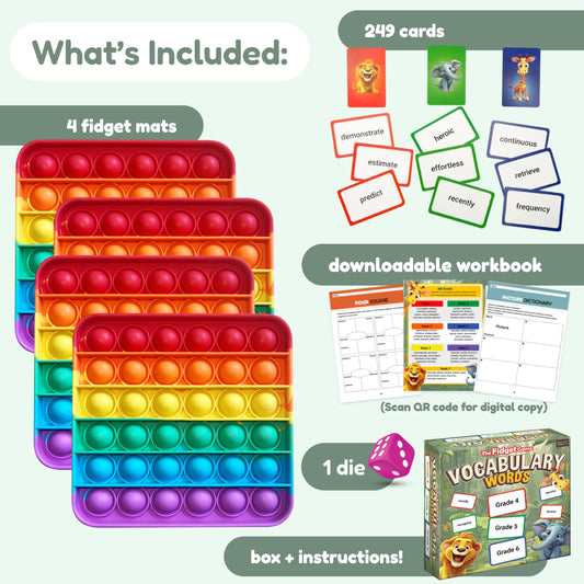 The Vocabulary Game (Tier 2 Words) set includes four colorful fidget mats, 249 vocabulary word cards, a six-sided die, a downloadable workbook, and a box with instructions for reading comprehension games.