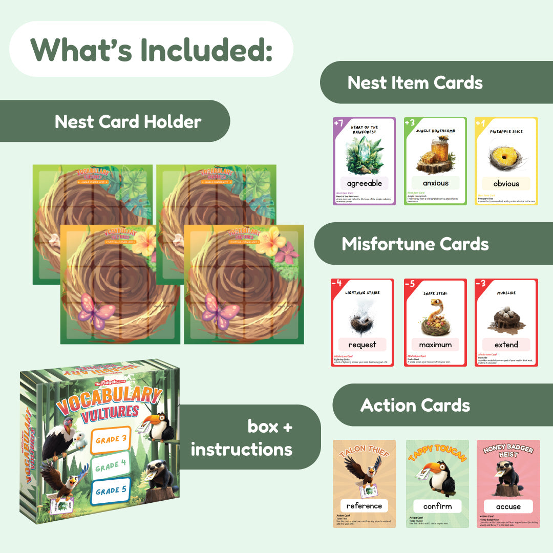 Vocabulary Vultures Word Game components including a box, instructions, three nest-shaped card holders, and three sets of cards labeled Nest Item, Misfortune, and Action.