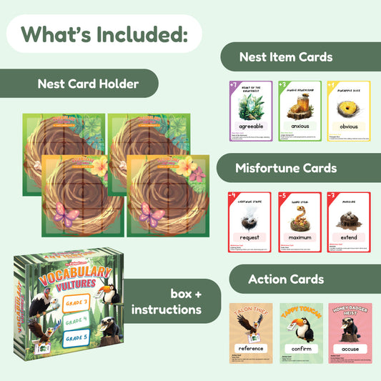 Vocabulary Vultures Word Game components including a box, instructions, three nest-shaped card holders, and three sets of cards labeled Nest Item, Misfortune, and Action.