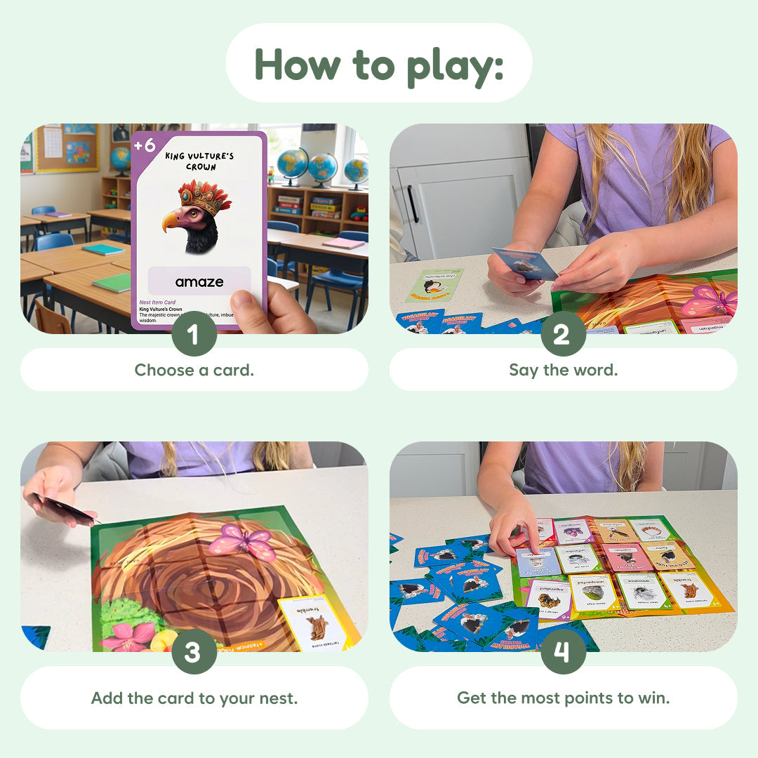 Four photos demonstrating the Vocabulary Vultures Word Game: picking a word card, reading it aloud, placing it on a nest-themed board, and collecting cards to win.