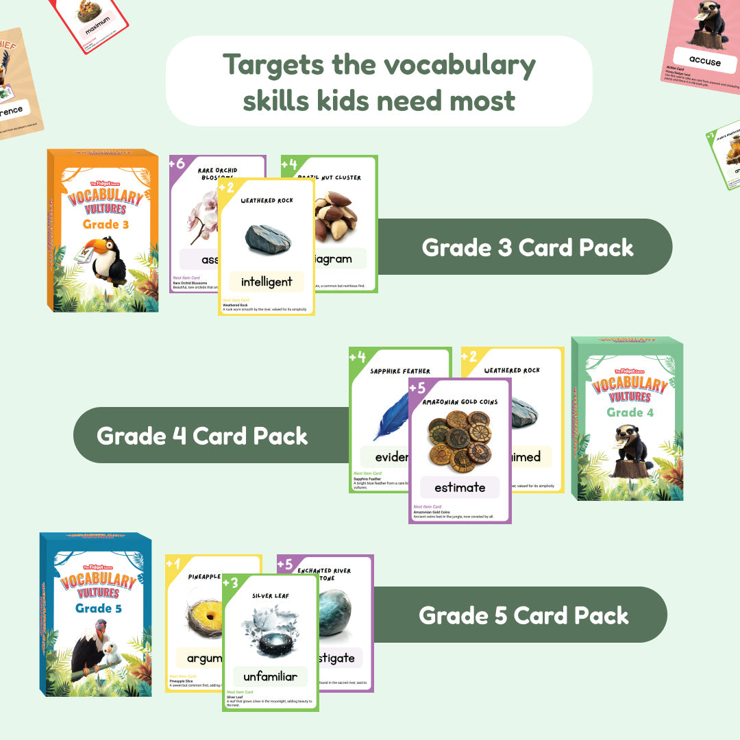 A grid display of Vocabulary Vultures Word Game boxes, each shown with examples of the reading comprehension cards included for that grade level.