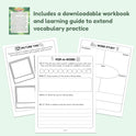 Three educational worksheets titled Picture This, Pop-A-Word, and Word Study displayed alongside a printed guide for the Vocabulary Vultures Word Game.