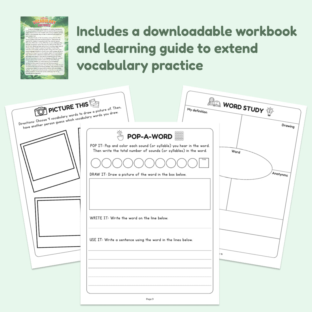 Three educational worksheets titled Picture This, Pop-A-Word, and Word Study displayed alongside a printed guide for the Vocabulary Vultures Word Game.