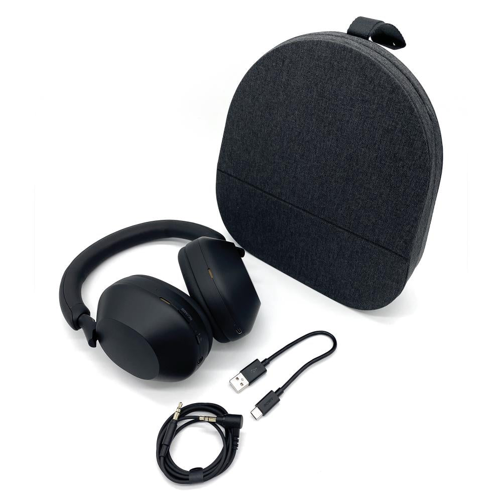 Refurbished Sony WH-1000XM5 Noise-Cancelling Headphones with a carrying case, a USB-C charging cable, and an audio cable.
