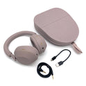 Mauve Sony WH-1000XM5 Noise-Cancelling Headphones (Refurbished) with a matching carrying case, a USB-C charging cable, and an audio cable.