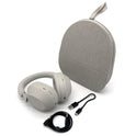 Sony WH-1000XM5 Noise-Cancelling Headphones (Refurbished) in a light color, with a matching zippered carrying case, USB charging cable, and audio cable.
