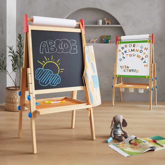 Two red 3-in-1 Adjustable Kids Art Easels with paper rolls, one featuring a chalkboard with chalk drawings and the other displaying a magnetic alphabet and numbers.
