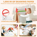 A young girl creates art on the Tiny Land® 3-in-1 Art Easel for Kids with a paper roll. Insets show kids coloring on large floor sheets. Features 1,000 inches of drawing paper and includes 2 paper rolls.