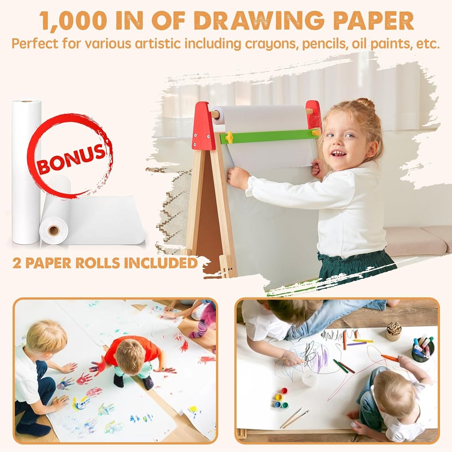 A young girl creates art on the Tiny Land® 3-in-1 Art Easel for Kids with a paper roll. Insets show kids coloring on large floor sheets. Features 1,000 inches of drawing paper and includes 2 paper rolls.