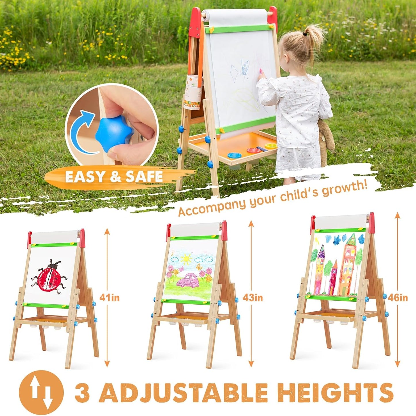 A child uses the Tiny Land® 3-in-1 Art Easel for Kids, which features height adjustment at 41", 43", and 46". An illustration shows three levels, and a close-up highlights its easy, safe knob for adjusting the easel.