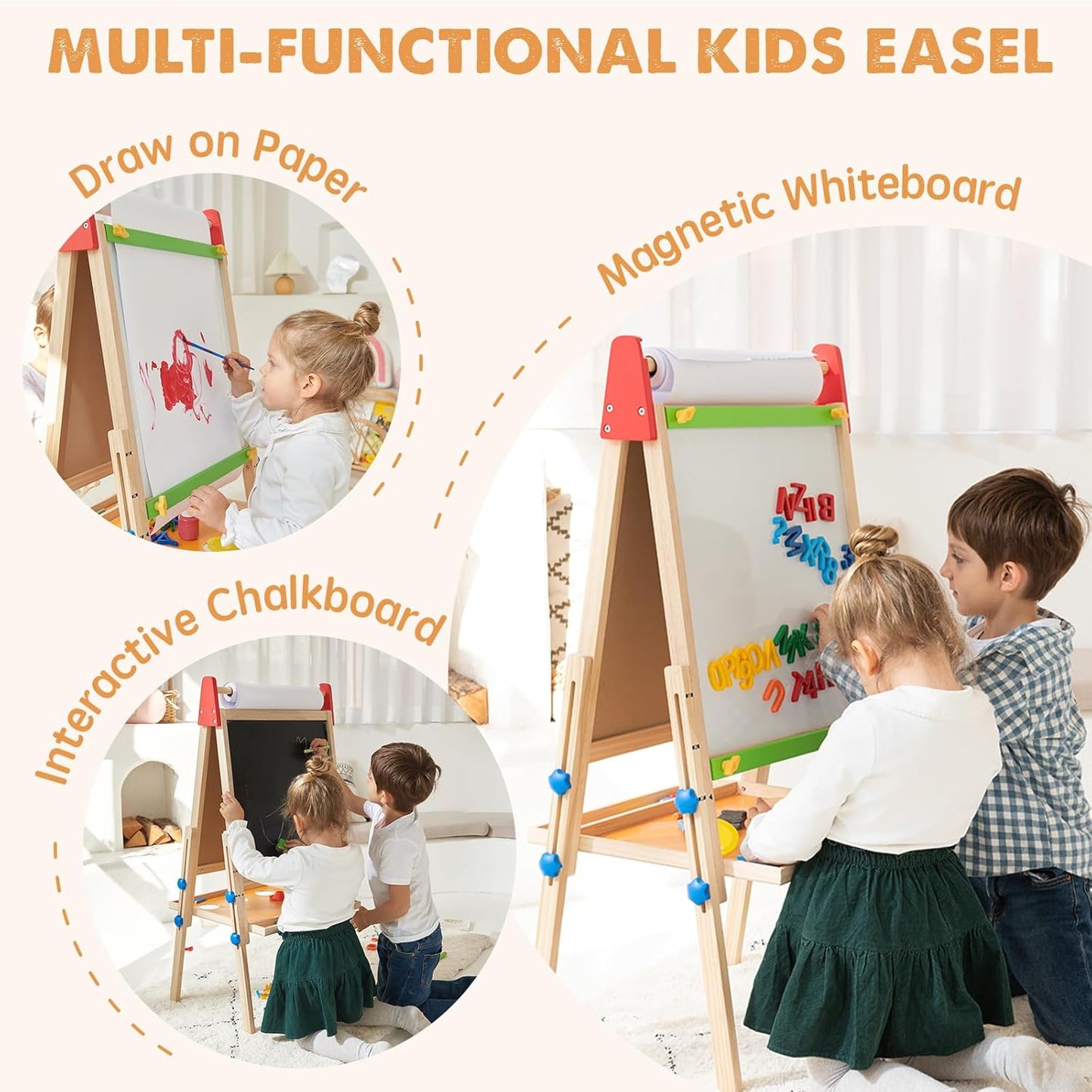 Two children play with the Tiny Land® 3-in-1 Art Easel for Kids, which features a paper roll, a magnetic whiteboard with colorful letters, and an interactive chalkboard. The heading reads “Multi-Functional Kids Easel.”.