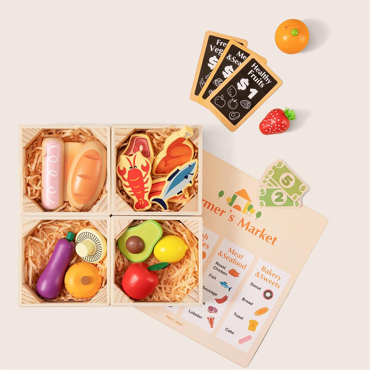 Wooden Play Food Set & Storage Rack Bundle featuring meat, seafood, fruits, and vegetables organized in four wooden crates, accompanied by play money, menu cards, and a market sign.