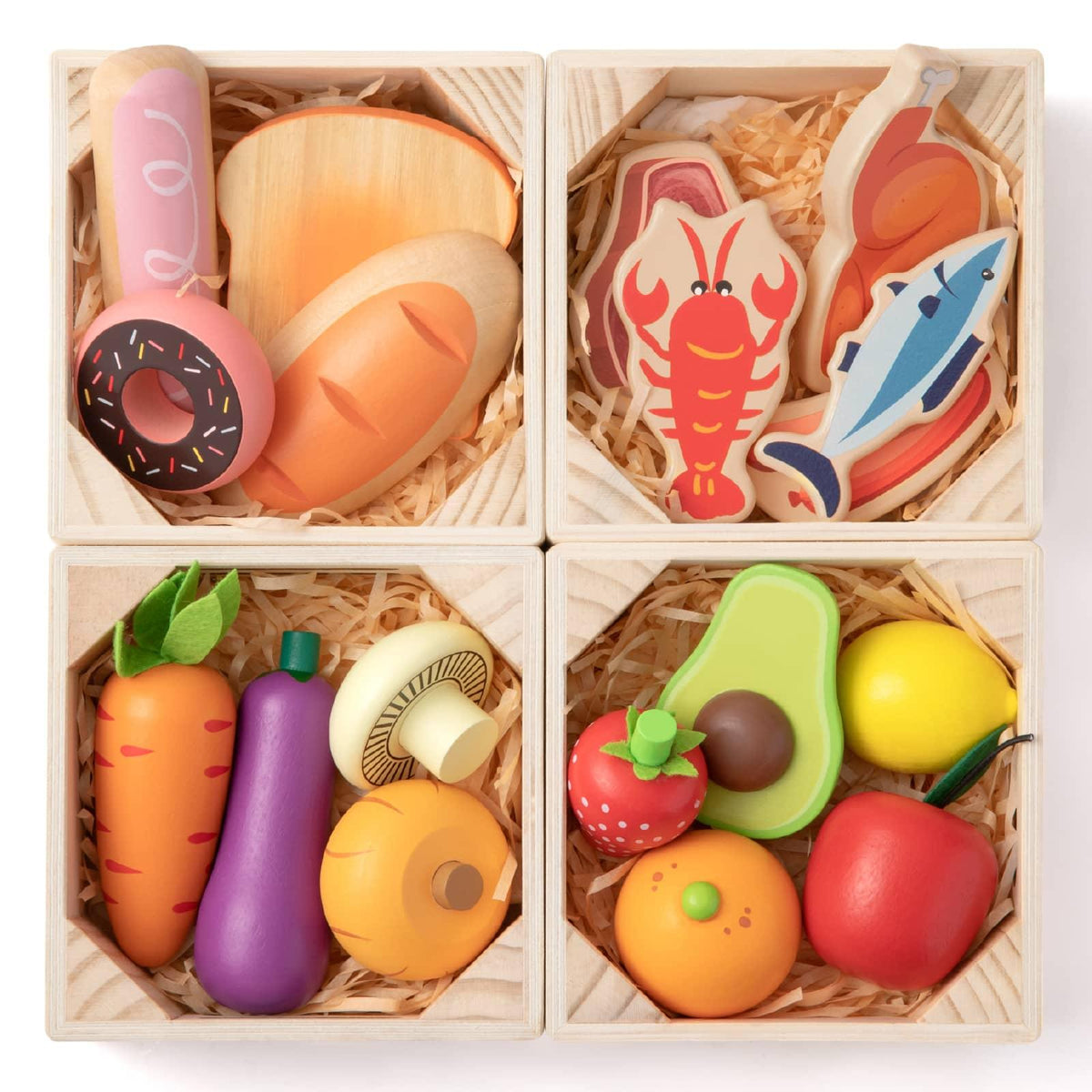 Wooden Play Food Set & Storage Rack Bundle featuring four wooden crates filled with a play food set of wooden bread, meat, seafood, fruits, and vegetables arranged on a storage rack.