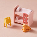 A charming miniature set for creative play, featuring a pink bunk bed, yellow art easel, and orange rocking horse—ideal for any classic toy collection or the Tiny Land® Sweetwood Love Dollhouse without Dolls.