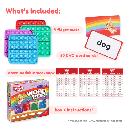 Word Pop! CVC Reading Fidget Game components, including three letter-popping fidget mats for blending letter sounds, a deck of CVC word cards with a unicorn illustration, a printable workbook page, and the product box.