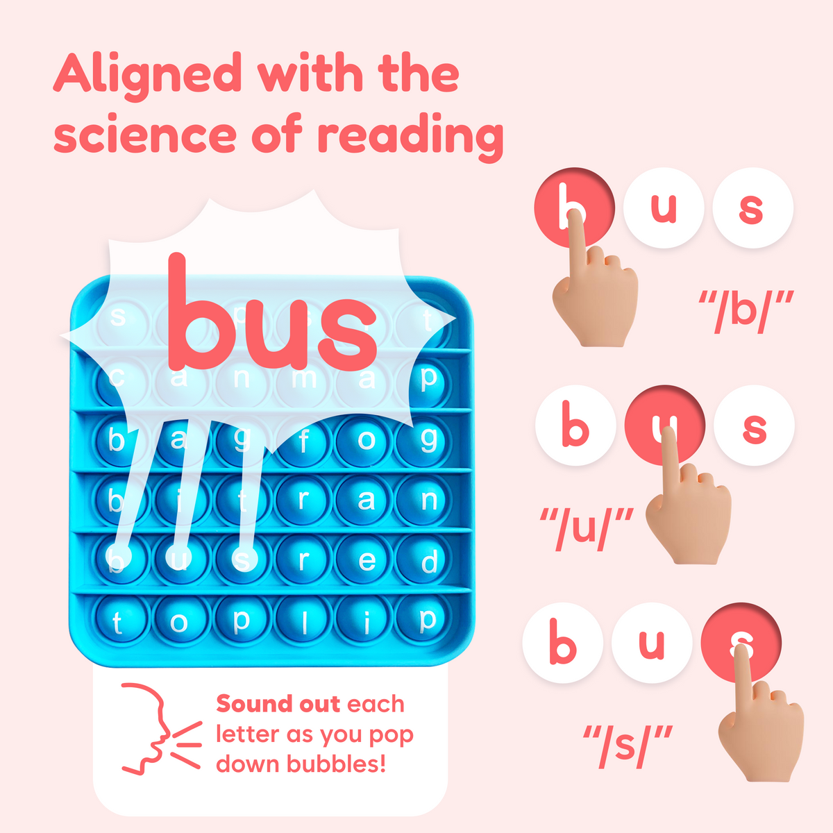 A blue Word Pop! + Extra CVC Mats bubble-popper toy with letters on each bubble, demonstrating how to sound out the word bus by popping one letter at a time to practice blending letter sounds.