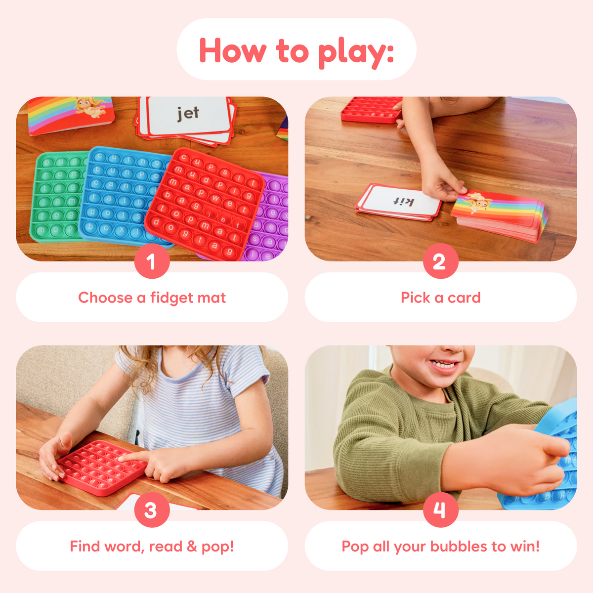A four-step instructional graphic showing how to use Word Pop! + Extra CVC Mats, featuring letter-printed fidget mats and flashcards for blending letter sounds to read CVC words, with captions for each step.