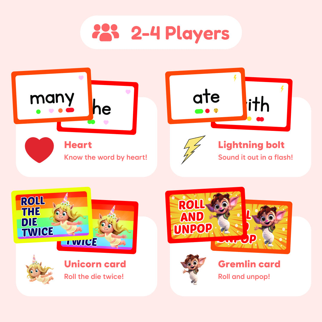 Sight Words Game + Extra Rainbow Mats featuring heart, lightning bolt, unicorn, and gremlin-themed educational cards, designed as a fidget game for 2-4 players to practice reading fluency.