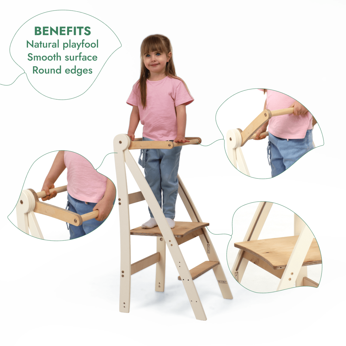A young girl stands on the Adjustable Montessori Tower - Kids Step Stool. Inset images showcase features including round edges, a smooth surface, and beautiful natural wood. Text highlights its benefits: a playful natural design, smooth finish, and rounded edges—making this adjustable step stool both safe and stylish for your little one.