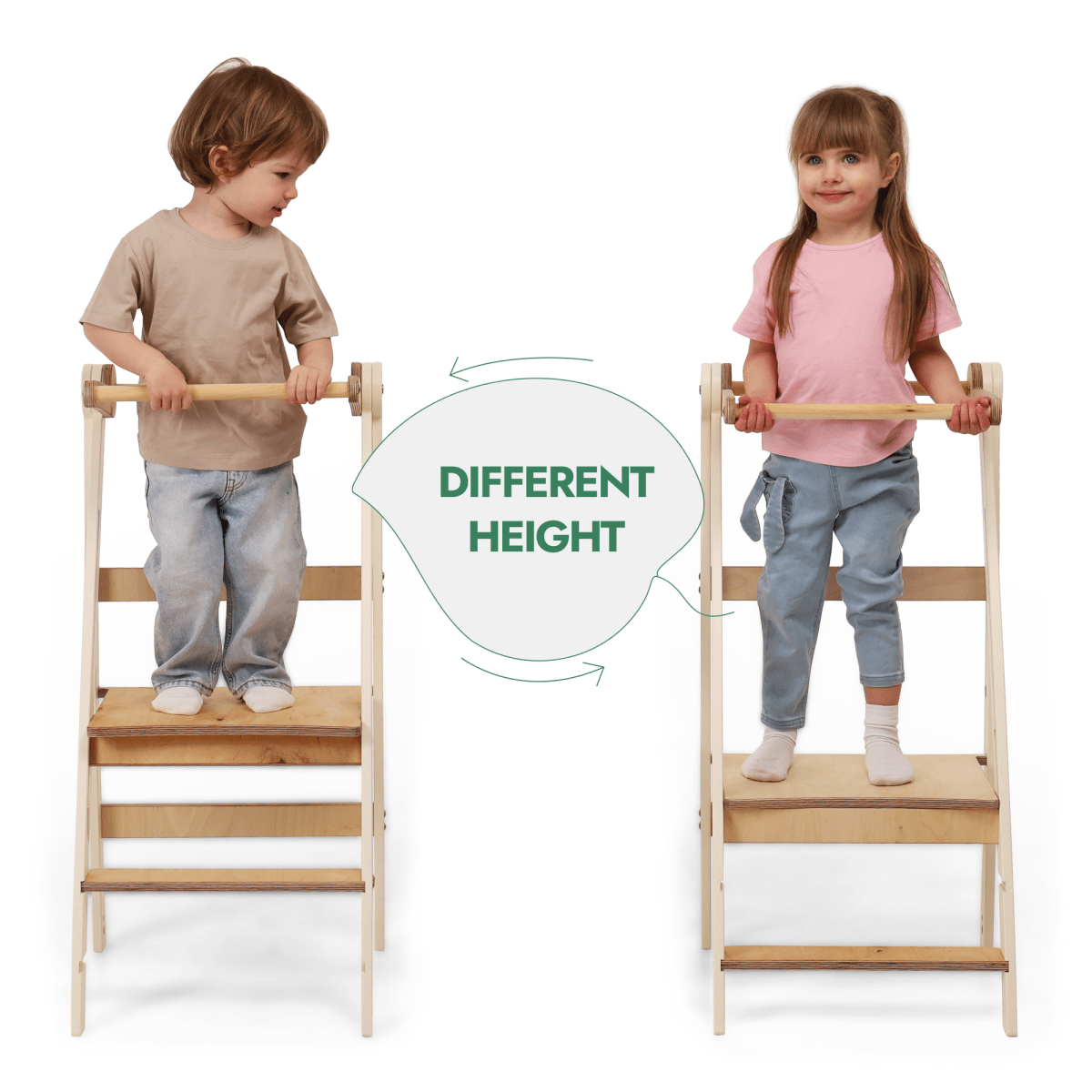 Two children stand on Adjustable Montessori Tower - Kids Step Stools made of natural wood, each set at different heights. The boy on the left is lower, and the girl on the right is higher. An arrow points between them with the text “DIFFERENT HEIGHT.”.