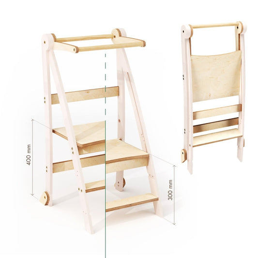Two views of the Adjustable Montessori Tower - Kids Step Stool: one open with dimensions labeled (400 mm tall), and one folded flat for storage with a labeled height of 300 mm.