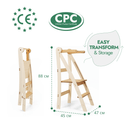 Adjustable Montessori Tower - Kids Step Stool for children displayed from two angles, featuring dimensions of 88 cm in height, 45 cm in depth, and 47 cm in width. Serving as a versatile high chair tower, it prioritizes both safety and convenience. Certified with CE and CPC standards. Includes “Easy Transform & Storage” text.
