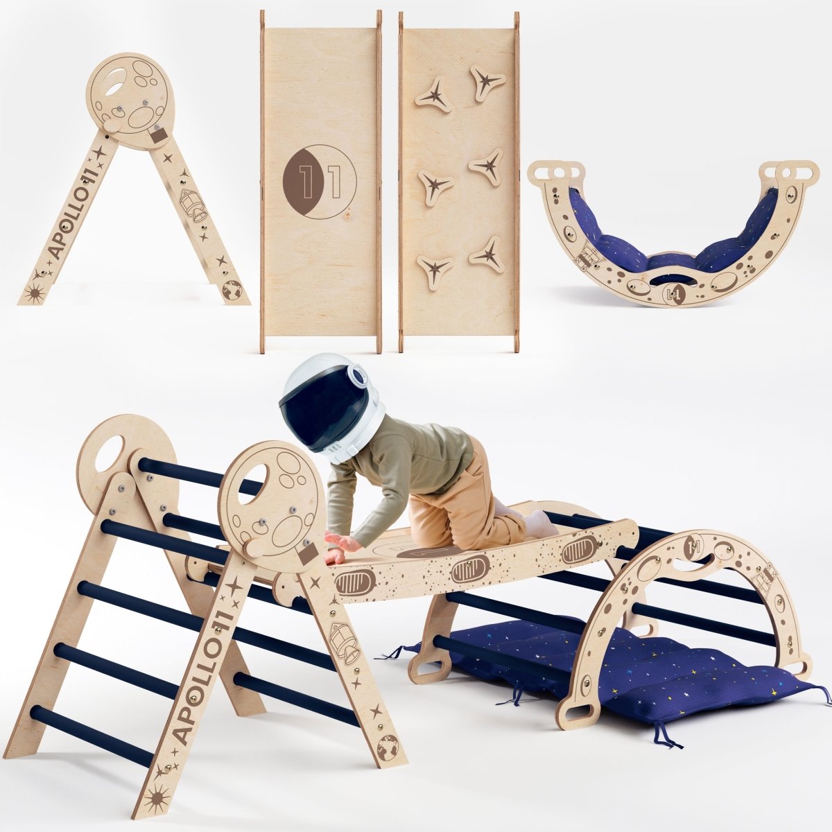 A young child wearing an astronaut helmet climbs on the Apollo 4in1 Climbing Set—which includes a Pikler triangle, arch, slide board, and star-patterned cushion—creating an out-of-this-world play space for little explorers ages 1–3 who love toddler climbing toys.